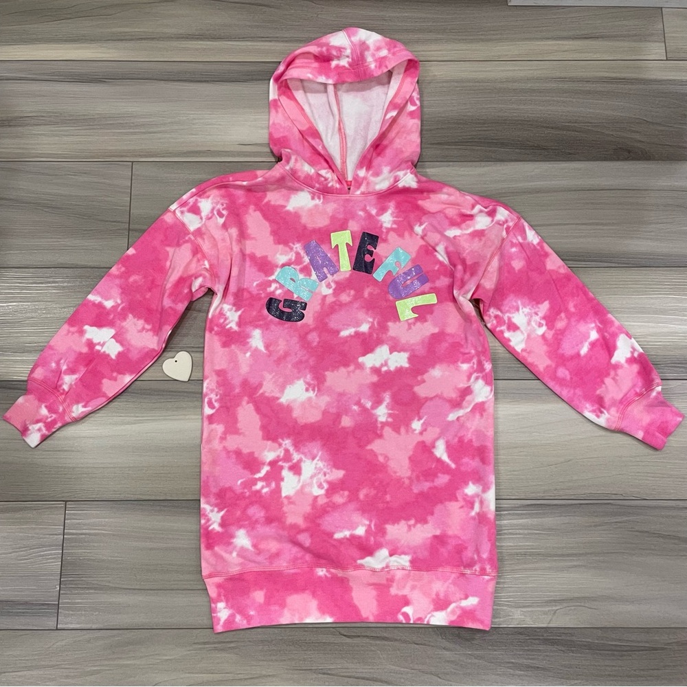 NWOT JUSTICE Tie-Dye Hooded Sweatshirt Dress with Sparkly "Grateful" Size 10Y/M